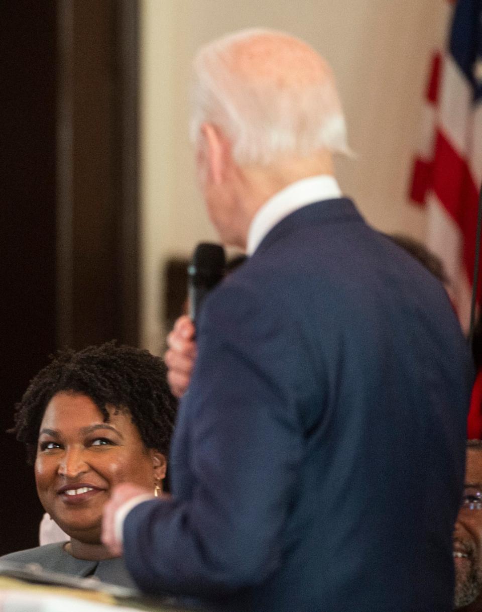 Presidential candidate Joe Biden address Stacey Abrams at Brown Chapel in Selma, Ala., on Sunday, March 1, 2020. 