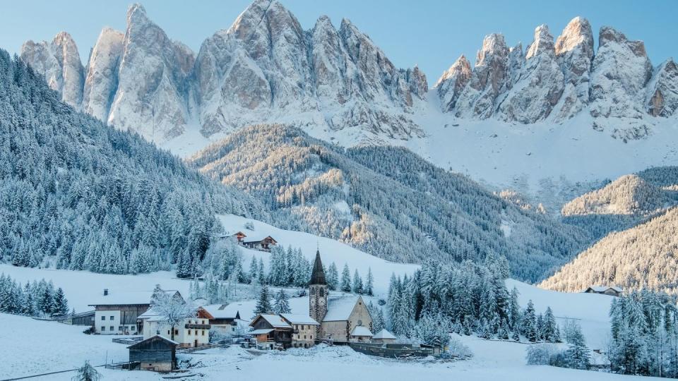 the small village in dolomites mountains in winter