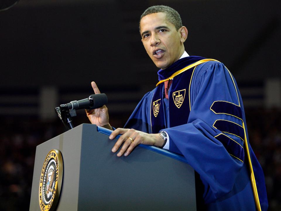 Barack Obama gives a commencement speech at Notre Dame in 2009