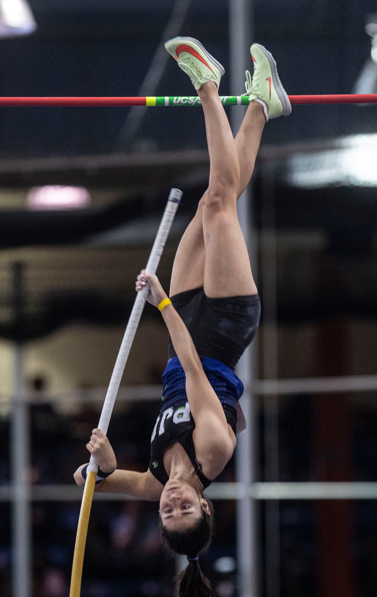 Feb 11, 2024; New York, New York, USA; Veronica Vacca of Flourtown, PA. won the girls pole vault during the Millrose Games at The Armory in New York City Feb. 11, 2024. Vacca set an Armory girls high school record with vault 14-1.25 feet. Mandatory Credit: Seth Harrison/USA Today Network