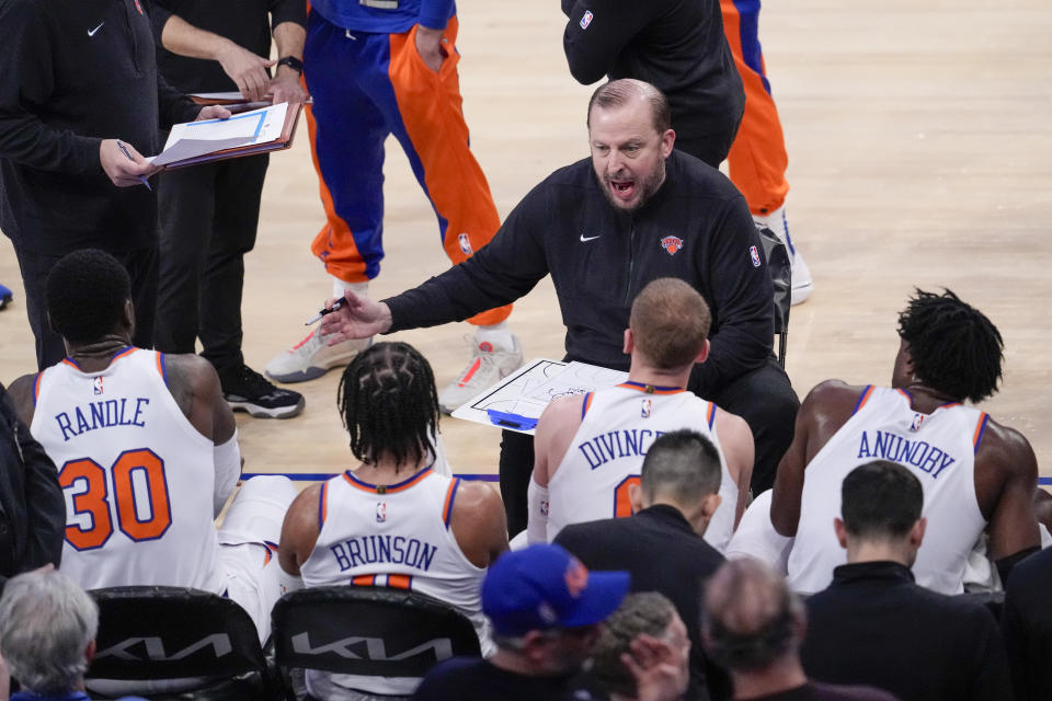 New York Knicks head coach Tom Thibodeau gives his team instructions during a time out in the first half of an NBA basketball game against the Houston Rockets, Wednesday, Jan. 17, 2024, at Madison Square Garden in New York. (AP Photo/Mary Altaffer)