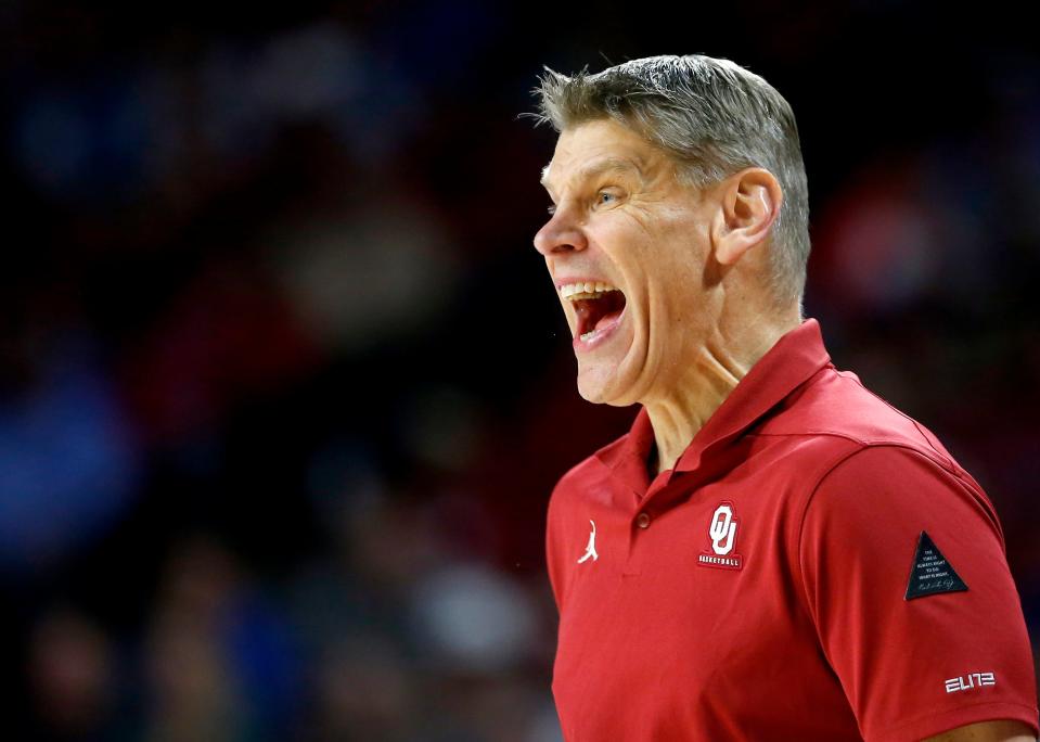 Oklahoma head coach Porter Moser reacts in the second half during the men's college basketball game between the Oklahoma Sooners and the Kansas Jayhawks at the Lloyd Noble Center in Norman, Okla., Tuesday, Jan. 18, 2022. 