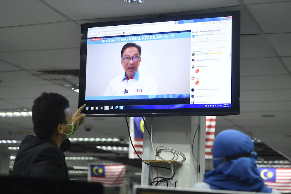 PKR president Datuk Seri Anwar Ibrahim gives his opening speech during PKR’s 15th National Congress held virtually, June 20, 2021. — Bernama pic