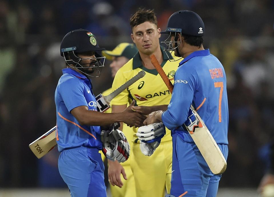 Hyderabad: Indian cricketer MS Dhoni and Kedar Jadhav celebrate the win against Australia on the first One Day International (ODI) series cricket match, in Hyderabad, Saturday, March 2, 2019. (PTI Photo/R Senthil Kumar) (PTI3_2_2019_000210A)