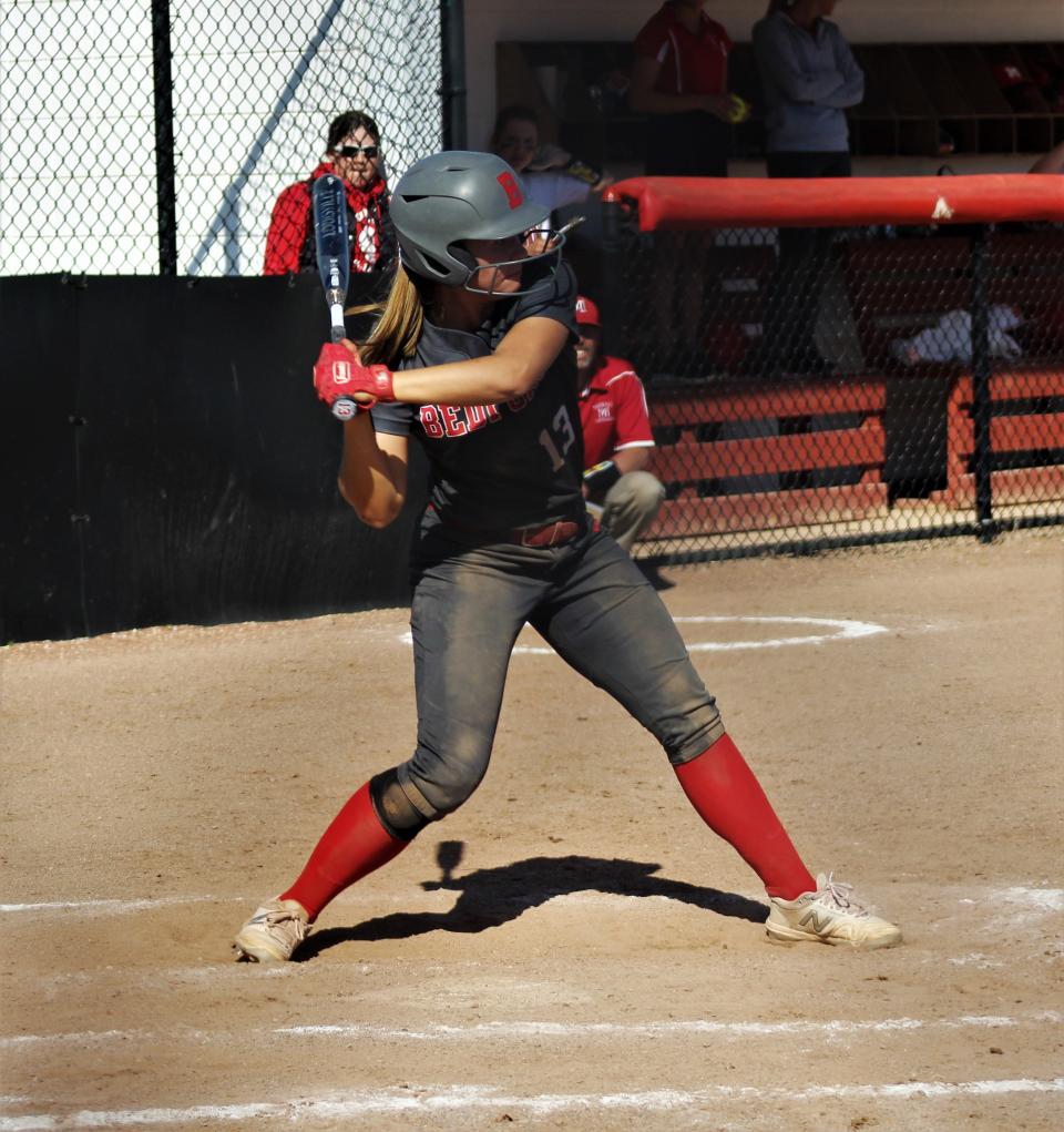Bedford's Payton Pudlowski bats against Monroe during a doubleheader Monday, May 9, 2022.
