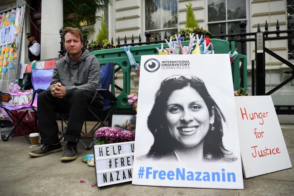 Richard Ratcliffe, the husband of imprisoned Nazanin Zaghari-Ratcliffe, outside the Iranian Embassy in London in June (EPA)