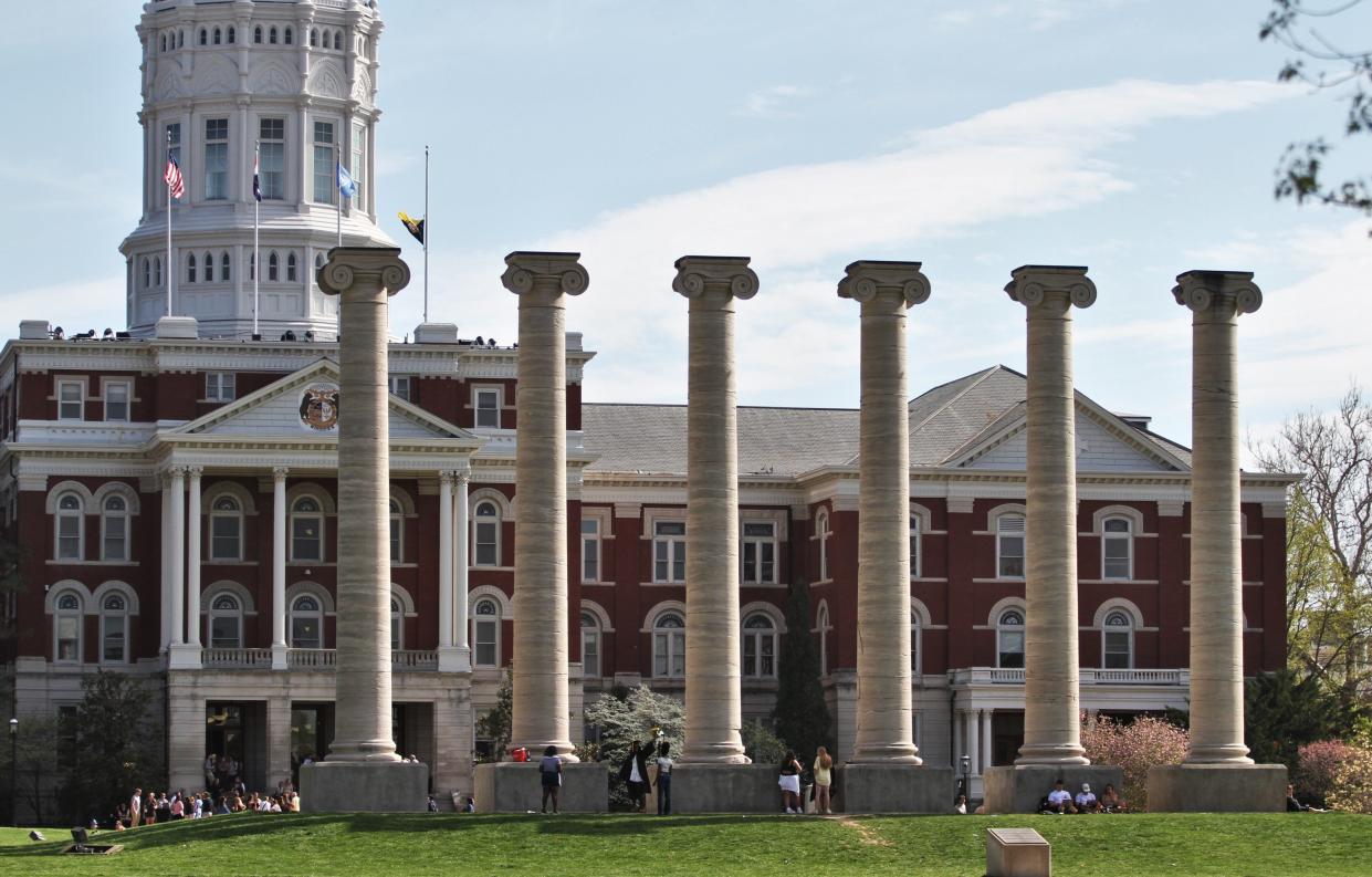 The six columns on the Francis Quadrangle on the University of Missouri's campus are seen on April 22, 2022, in Columbia, Mo.