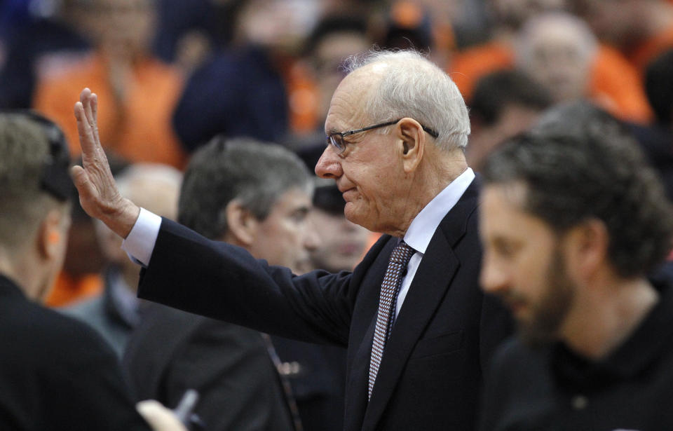 Syracuse coach Jim Boeheim waves before the team's NCAA college basketball game against Duke in Syracuse, N.Y., Saturday, Feb. 23, 2019. (AP Photo/Nick Lisi)