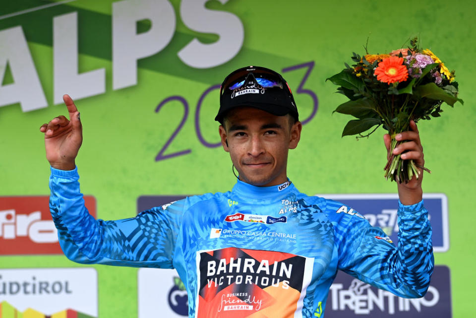 RITTEN ITALY  APRIL 18 Santiago Buitrago of Colombia and Team Bahrain Victorious celebrates at podium as Blue mountain jersey winner during the 46th Tour of the Alps 2023  Stage 2 a 1652km stage from Reith im Alpbachtal to Ritten 1174m on April 18 2023 in Reith im Alpbachtal Italy Photo by Tim de WaeleGetty Images