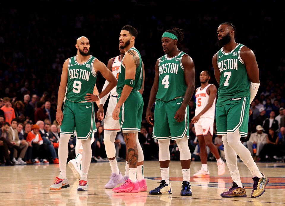 Jaylen Brown、Jayson Tatum、Jrue Holiday及Derrick White。(Photo by Elsa/Getty Images)