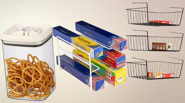 Food storage containers, a wire wrap stand and under-shelf storage.