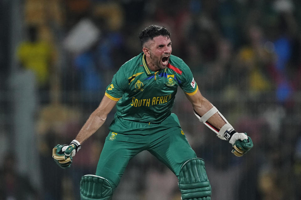 South Africa's Keshav Maharaj celebrates after hitting the winning runs during the ICC Men's Cricket World Cup match between Pakistan and South Africa in Chennai, India, Friday, Oct. 27, 2023. (AP Photo/Ajit Solanki)