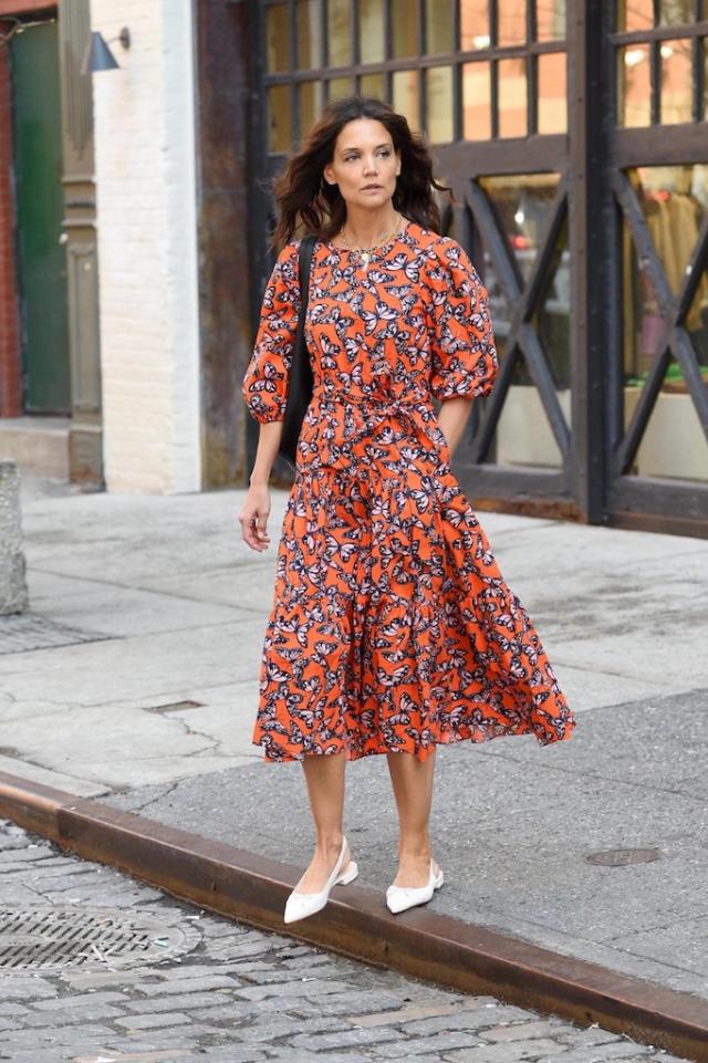 Katie Holmes Flutters in Kate Spade New York's Butterfly-Print Dress With  Sleek Slingback Pumps