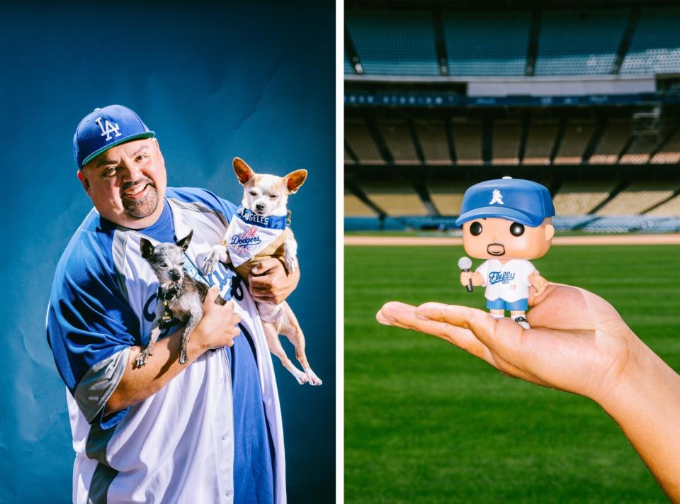 A man with two dogs, left. A bobblehead of that same man doll in the palm of a hand, right.