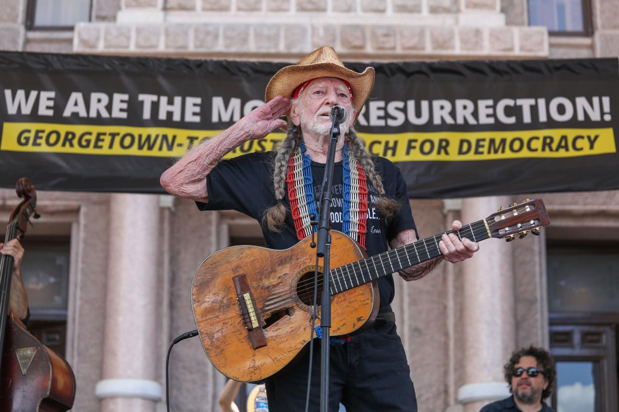 Willie Nelson performs during The Poor People’s Campaign: A National Call for Moral Revival on the steps of the Texas State Capitol on July 31, 2021 in Austin, Texas.