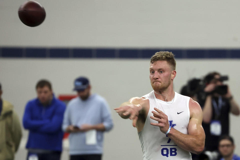 Kentucky's Will Levis throws a pass during the NCAA college football team's NFL Pro Day in Lexington, Ky., Friday, March 24, 2023. (AP Photo/James Crisp)