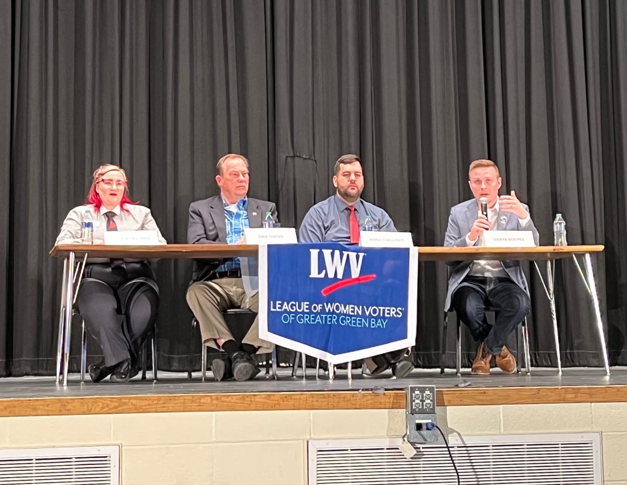 Candidates for Brown County Board Districts 5 and 24 participated in a forum March 16 at Franklin Middle School in Green Bay. From left are Gloria Eastman, Dan Theno, Ross Toellner and Vanya Koepke.