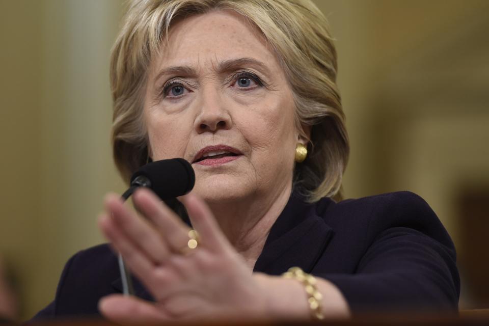 Former Secretary of State and Democratic Presidential hopeful Hillary Clinton testifies before the House Select Committee on Benghazi on Capitol Hill in Washington, DC, October 22, 2015. AFP PHOTO / SAUL LOEB        (Photo credit should read SAUL LOEB/AFP/Getty Images)