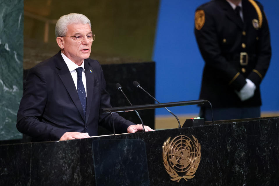 President of Bosnia and Herzegovina Sefik Dzaferovic addresses the 77th session of the United Nations General Assembly, Wednesday, Sept. 21, 2022 at U.N. headquarters. (AP Photo/Julia Nikhinson)