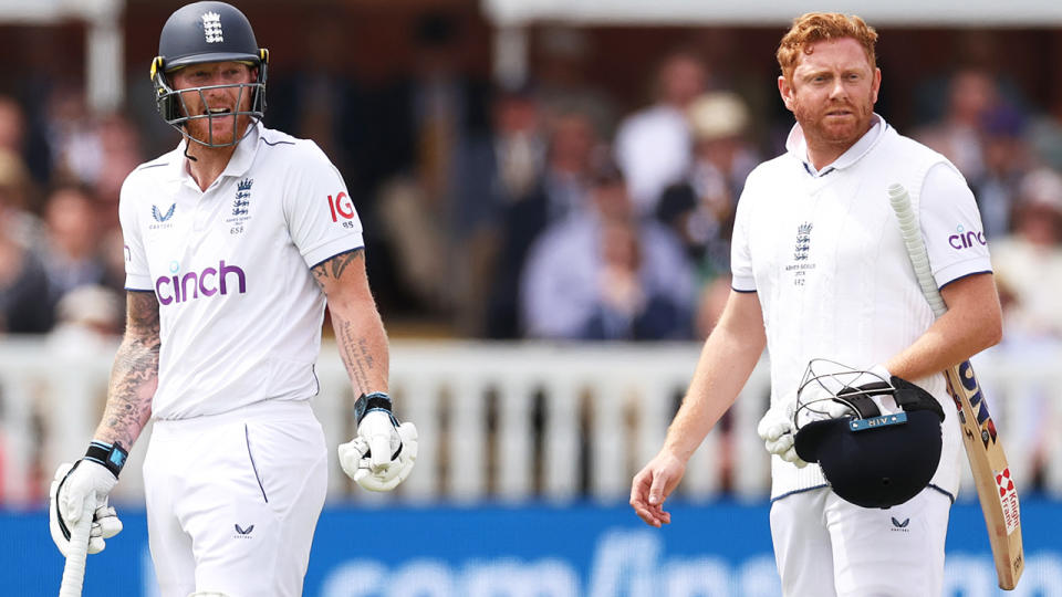 Ben Stokes and Jonny Bairstow react after the latter's wicket in the second Ashes Test.