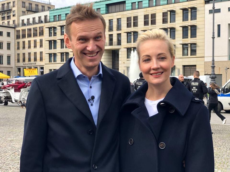 Russian opposition leader Alexei Navalny in October 2020 in Berlin along with wife, Yulia Navalnaya, weeks after the opposition activist was poisoned in an attack believed to be orchestrated by the Kremlin.