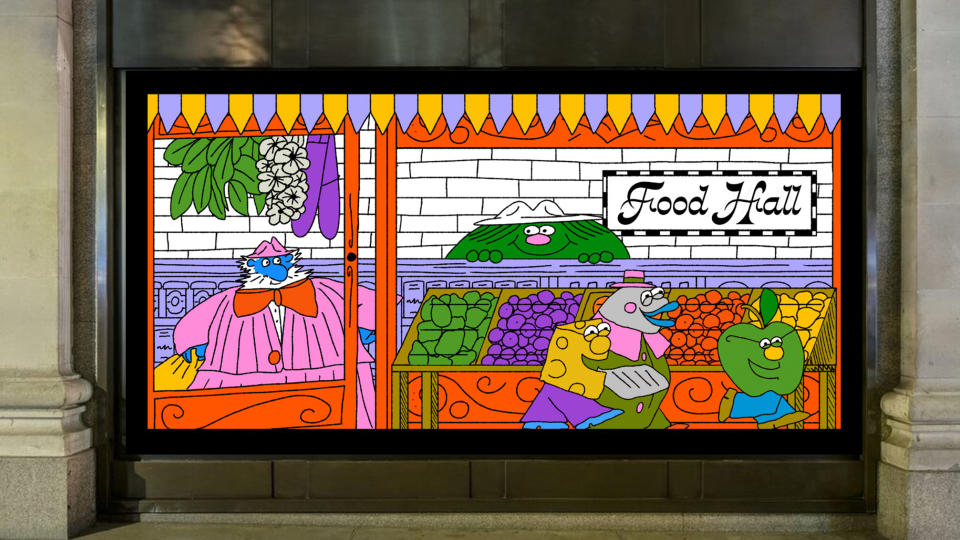 An illustration by Angela Kirkwood of Selfridges Food Hall, part of a window display of 2D artworks at the store.