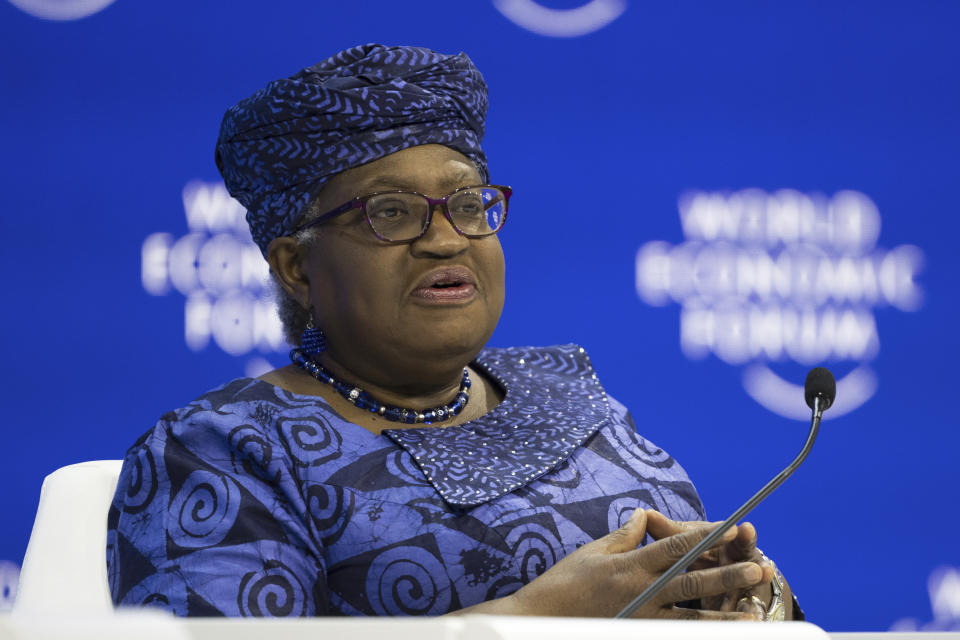 Ngozi Okonjo-Iweala, Director-General, World Trade Organization (WTO), speaks during the plenary session at the Congress Hall during the 54th annual meeting of the World Economic Forum, WEF, in Davos, Switzerland, Wednesday, Jan. 17, 2024. (Gian Ehrenzeller/Keystone via AP)