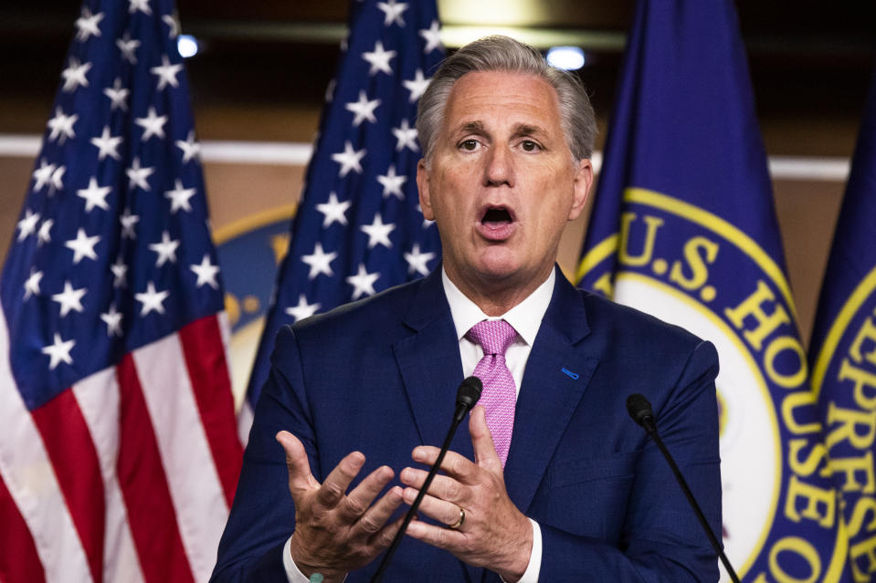 House Minority Leader Kevin McCarthy of Calif. speaks during a news conference on Capitol Hill, Thursday, May 7, 2020, in Washington. (AP Photo/Manuel Balce Ceneta)