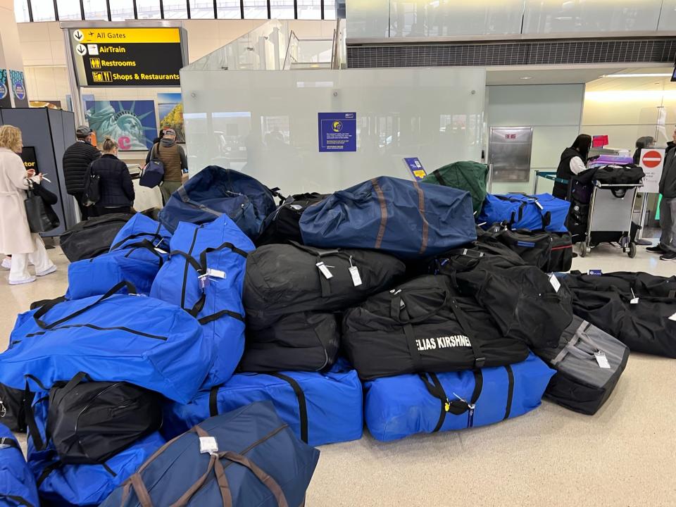 A group from Temple Emanu-El in New Jersey carried 129 large duffel bags to deliver more than 9,000 pounds of donated supplies from the United States to Poland and Ukraine in March 2022 to help the women and children fleeing the war.