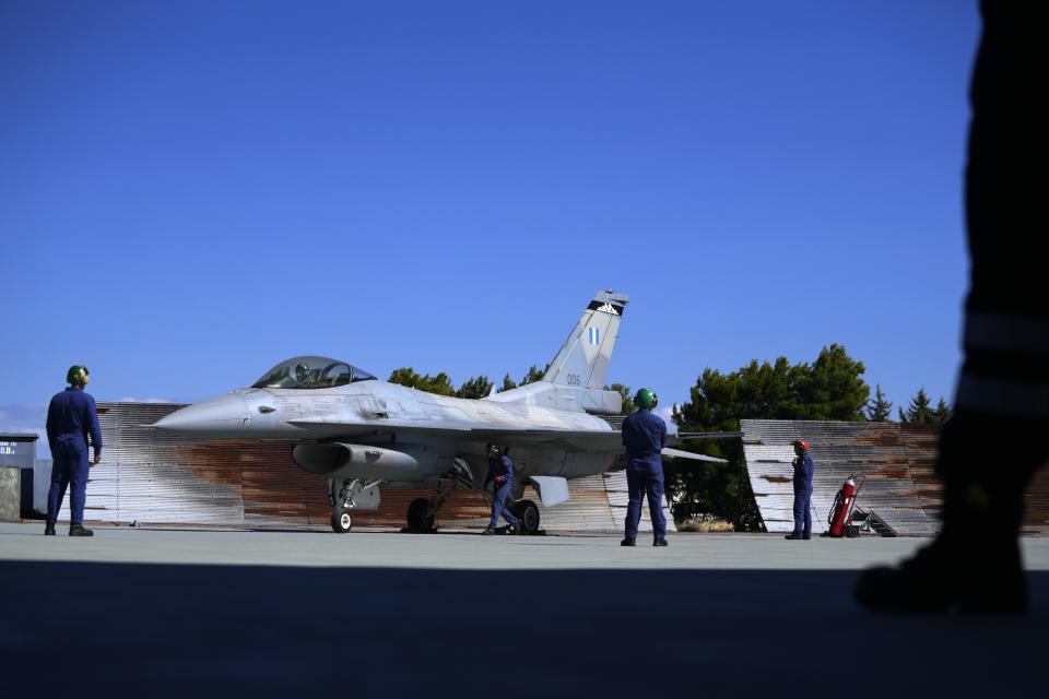 A Greek Fighter Jet F-16 Viper prepares for takeoff at Tanagra air force base about 74 kilometres (46 miles) north of Athens, Greece, Monday, Sept. 12, 2022. Greece's air force on Monday took delivery of a first pair of upgraded F-16 military jets, under a $1.5 billion program to fully modernize its fighter fleet amid increasing tension with neighboring Turkey. (AP Photo/Thanassis Stavrakis)