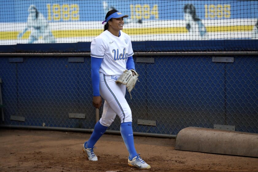 LOS ANGELES, CA - APRIL 29, 2022 - - UCLA's ace softball pitcher Megan Faraimo warms up.