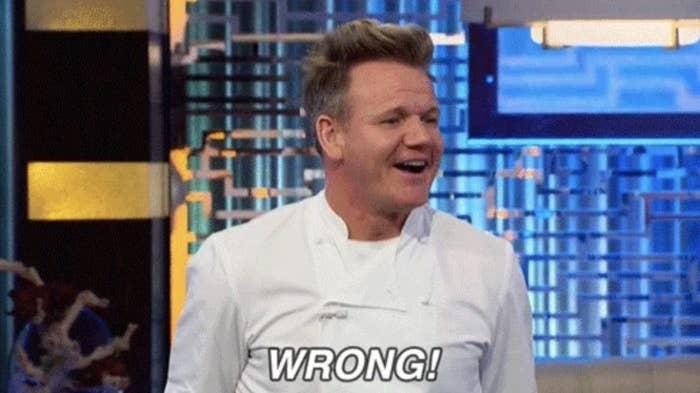 Gordon Ramsay in a white chef's jacket, smiling with an open mouth, with the word "WRONG!" displayed at the bottom of the image