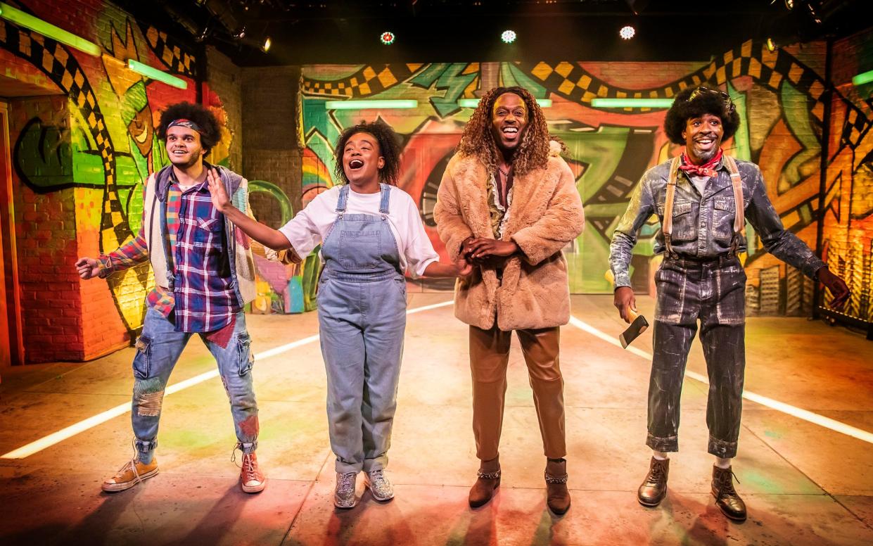 Tarik Frimpong (Scarecrow), Cherelle Williams (Dorothy), Jonathan Andre (Lion) and Llewellyn Graham (Tinman) in The Wiz at Hope Mill Theatre - Pamela Raith