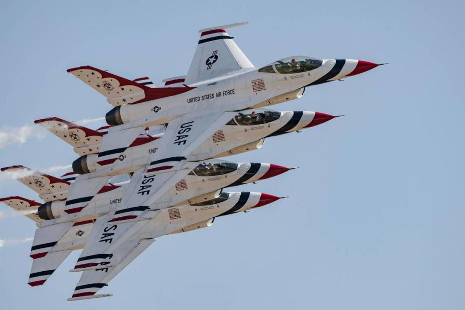 The U.S. Air Force Thunderbirds perform at the California Capital Airshow on Sunday at Mather Airport.