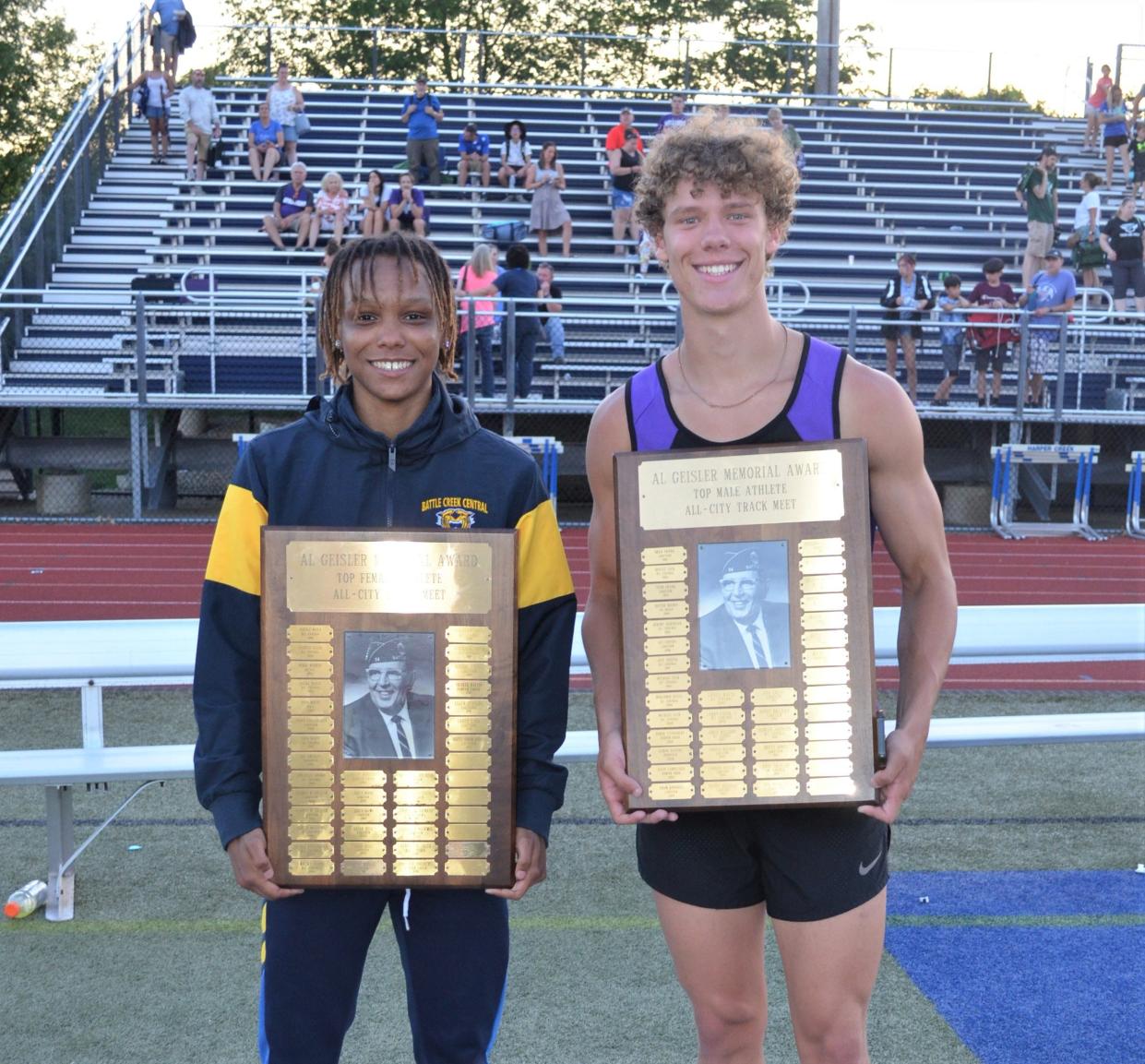 Battle Creek Central's Samya Fisher, left, and Lakeview's Caleb Bost were named Most Outstanding Performers of the All-City Track Meet at Tuesday at Harper Creek.