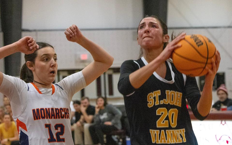 SJV’s Daniella Matus shoots. St. John Vianney vs Trinity Hall in SCT Girls Basketball Semifinal on February 15, 2024 in Red Bank. NJ.