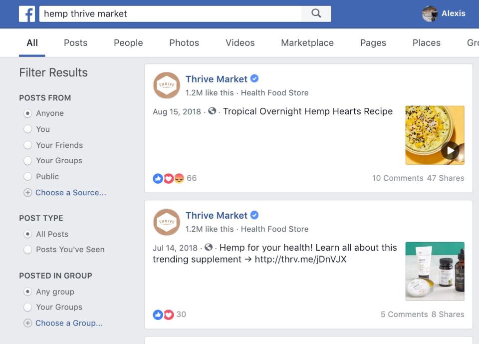 Facebook search generated for "hemp thrive market" shows photos and hyperlinks to Thrive Market post promoting hemp products and linking to product purchase website.