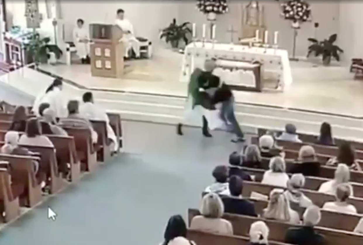 Security footage captured the moment a man tackled a deacon performing Saturday evening mass at a Florida church: WSVN