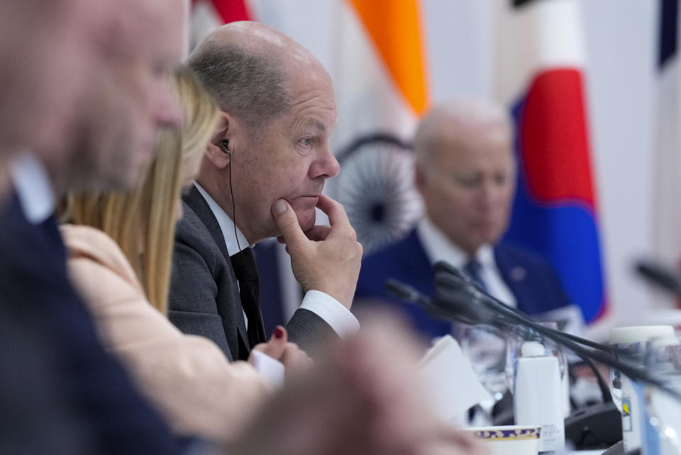 German Chancellor Olaf Scholz participates in an event on global infrastructure and investment during the G7 Summit in Hiroshima, Japan, Saturday, May 20, 2023. (AP Photo/Susan Walsh)