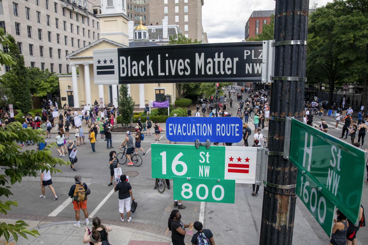 "Black Lives Matter" street sign near the White house in 2020 after the police murder of George Floyd in Minneapolis that Memorial Day ignited nationwide protests against police brutality.