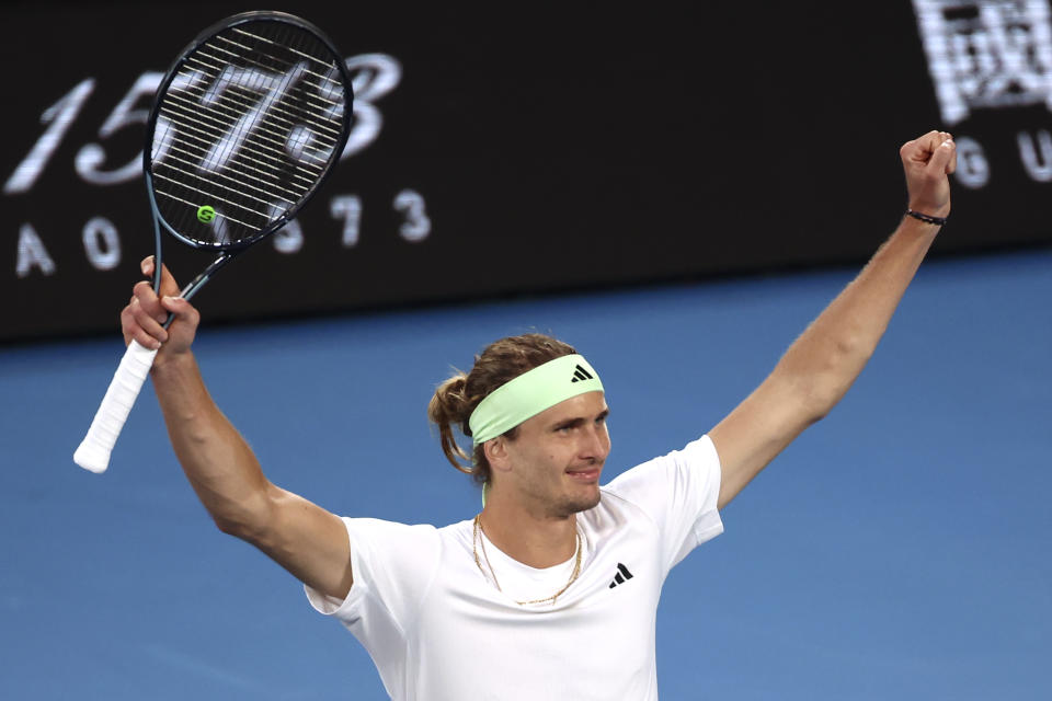 Alexander Zverev of Germany celebrates after defeating Cameron Norrie of Britain in their fourth round match at the Australian Open tennis championships at Melbourne Park, Melbourne, Australia, Monday, Jan. 22, 2024. (AP Photo/Asanka Brendon Ratnayake)
