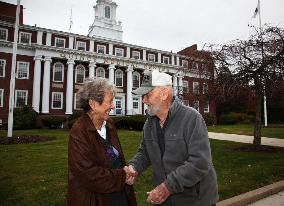 Josephine Sharp, then 91, reunites with Walter Hoeg, then 82, of Kingston, in 2014. Sharp was a student nurse and cared for Hoeg when he was 10 years old at Quincy City Hospital in 1945.