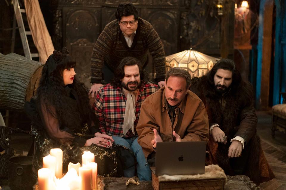 Natasia Demetriou as Nadja, Harvey Guillén as Guillermo, Matt Berry as Laszlo, Randy Sklar as Bran Daltry, Kayvan Novak as Nandor in "What We Do in the Shadows."