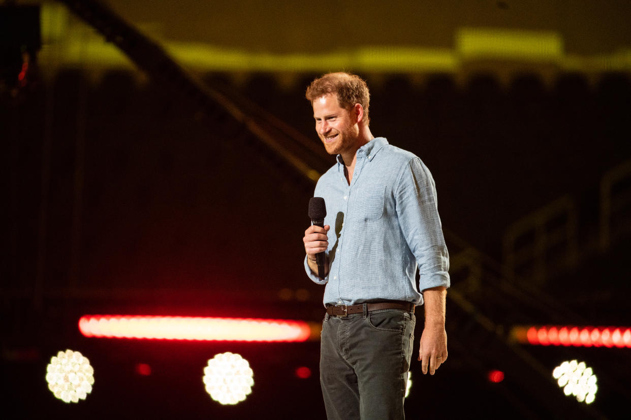 INGLEWOOD, CA - MAY 02: Prince Harry gives remarks at the Vax Live concert at SoFi Stadium on Sunday, May 2, 2021 in Inglewood, CA. (Jason Armond / Los Angeles Times via Getty Images)