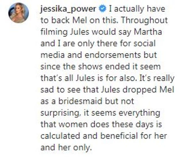 The comment unequivocally backed Mel, throwing Jules under the bus. Photo: Instagram