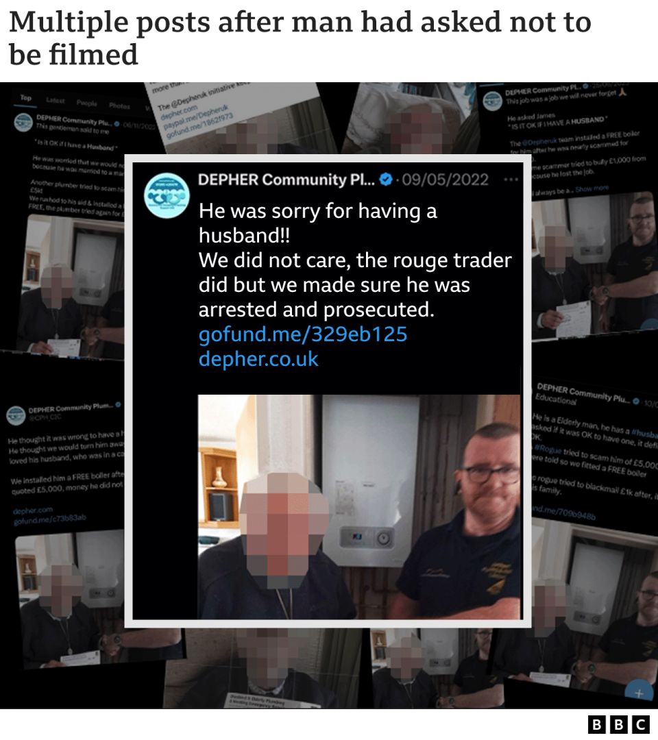 Composite image with a Depher tweet about the man in his 90s who had asked not to be filmed, surrounded by a collage showing several more tweets using the man's image in fundraisers