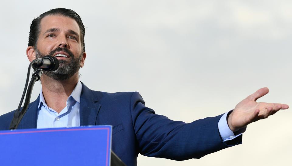 Donald Trump Jr., speaking at the Sarasota County Fairgrounds on July 3, 2021.