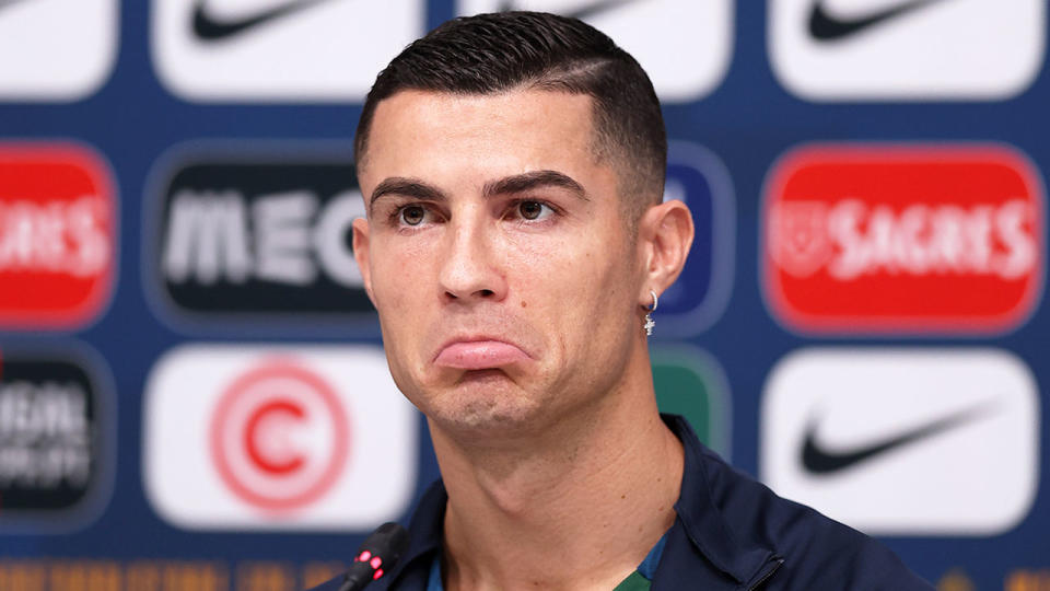 Cristiano Ronaldo has been banned for two games and fined $AUD90,000 for smashing a phone out of a young supporter's hand after a Premier League game in 2022. Pic: Getty