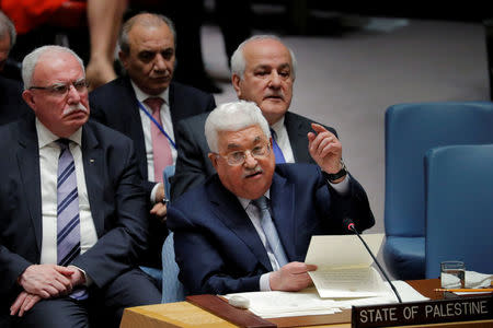 FILE PHOTO: Palestinian President Mahmoud Abbas speaks during a meeting of the UN Security Council at UN headquarters in New York, U.S., February 20, 2018. REUTERS/Lucas Jackson/File Photo