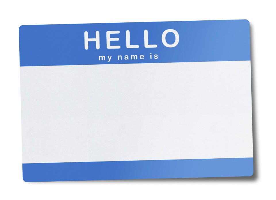 Blank nametag that says, "Hello, my name is"